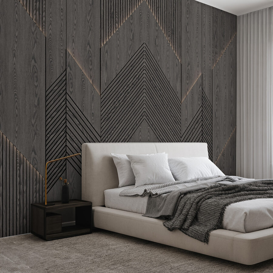 Motivos geométricos en madera oscura.