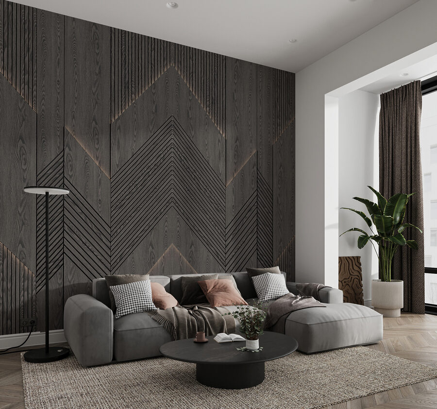 Motivos geométricos en madera oscura.