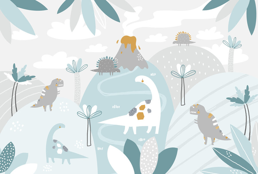 Un dinosaurio de dibujos animados con un volcán y plantas