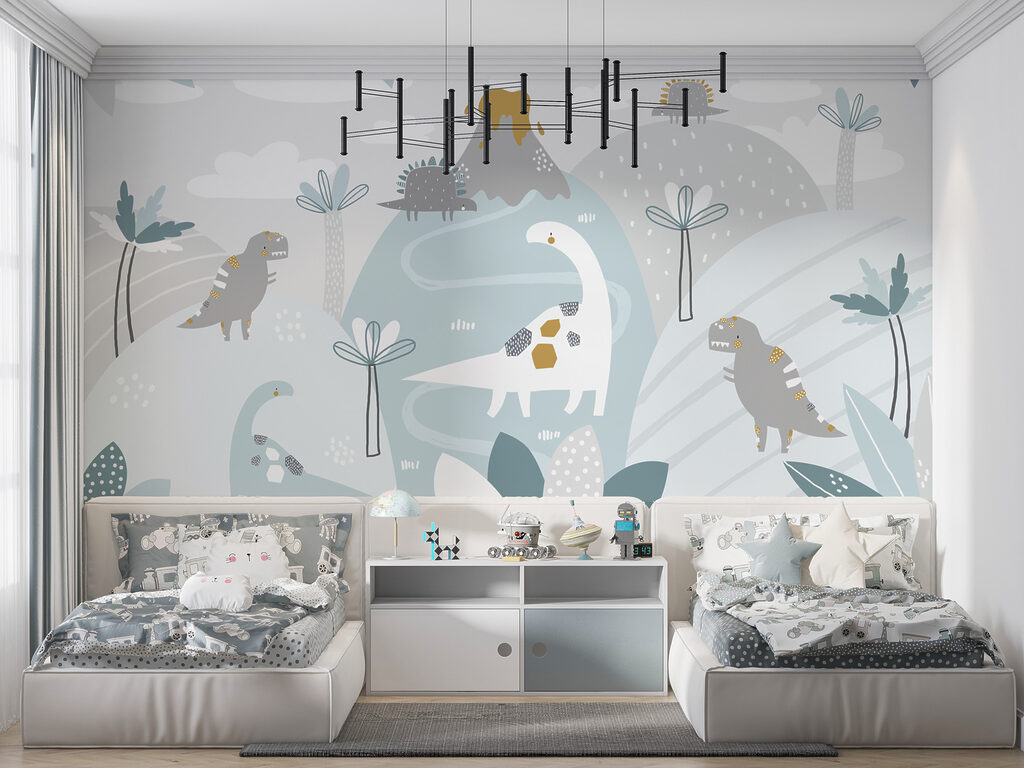 A cartoon dinosaur with a volcano and plants