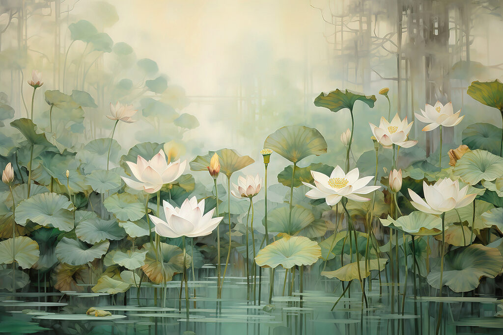 A white flowers and green leaves in a pond