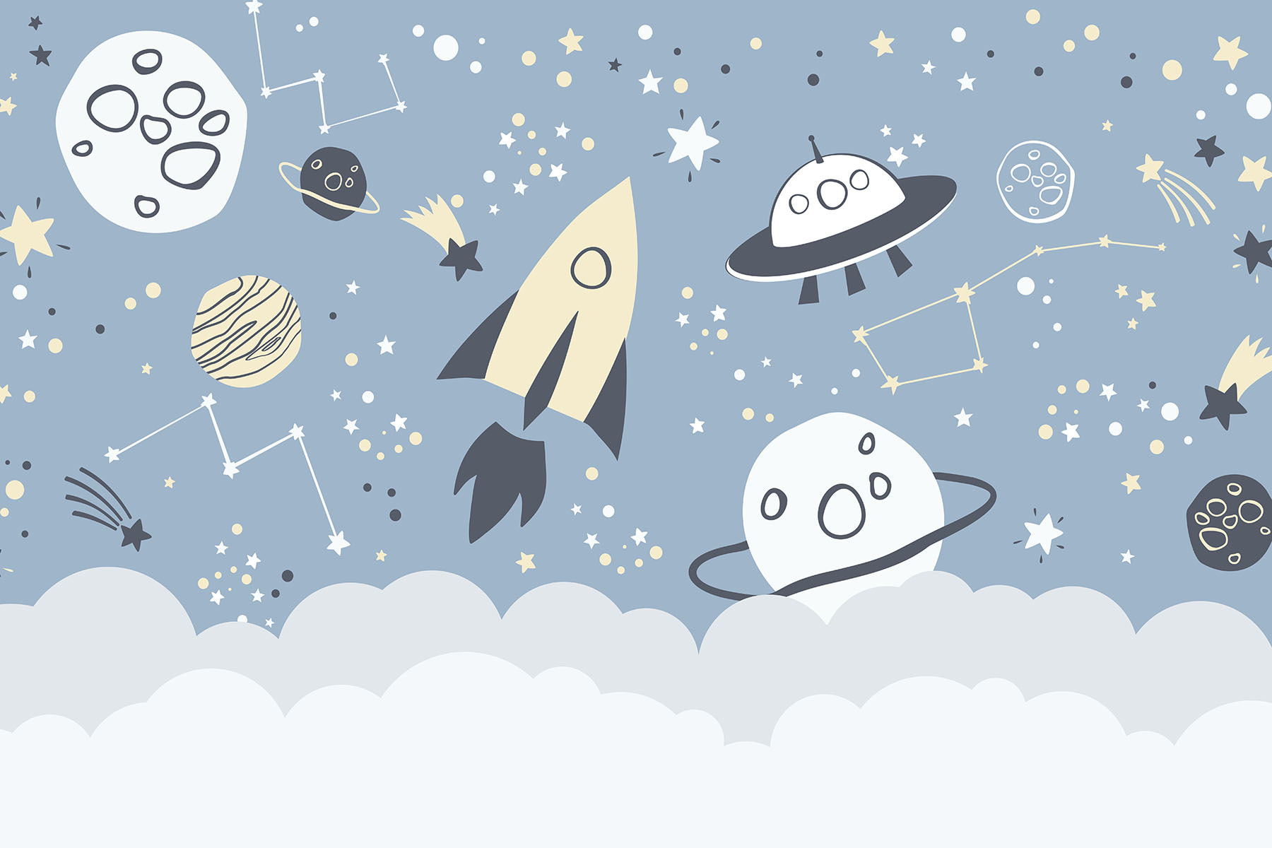 A cartoon space scene with planets and stars