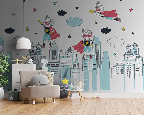 Un dibujo animado de un superhéroe en una ciudad Un dibujo animado de un superhéroe en una ciudad