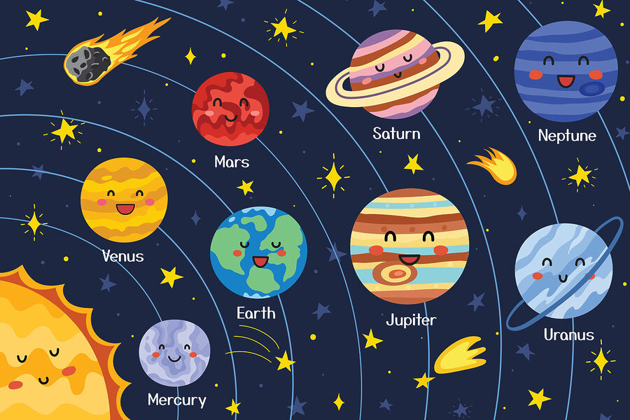 Planetas y estrellas de dibujos animados en el espacio