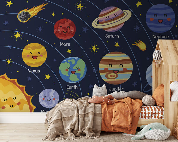 Planetas y estrellas de dibujos animados en el espacio Planetas y estrellas de dibujos animados en el espacio