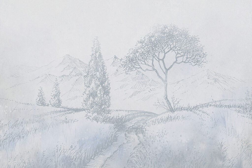 Dibujo de un río con árboles y montañas Dibujo de un río con árboles y montañas