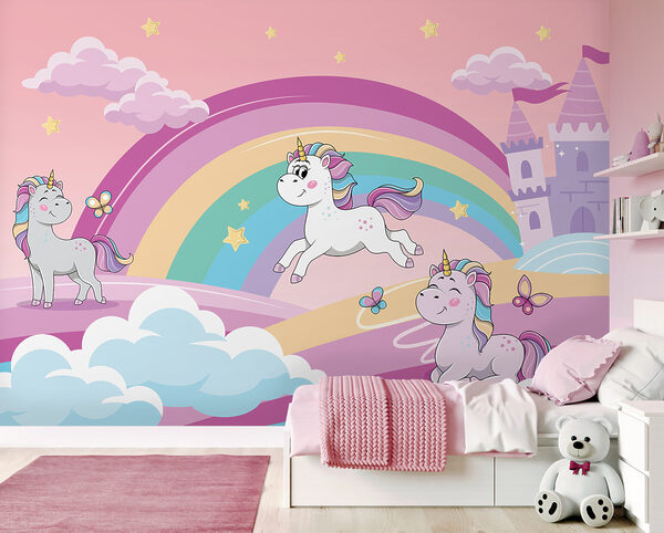 Un dibujo animado de unicornios y un arco iris Un dibujo animado de unicornios y un arco iris