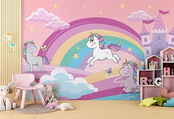Un dibujo animado de unicornios y un arco iris Un dibujo animado de unicornios y un arco iris