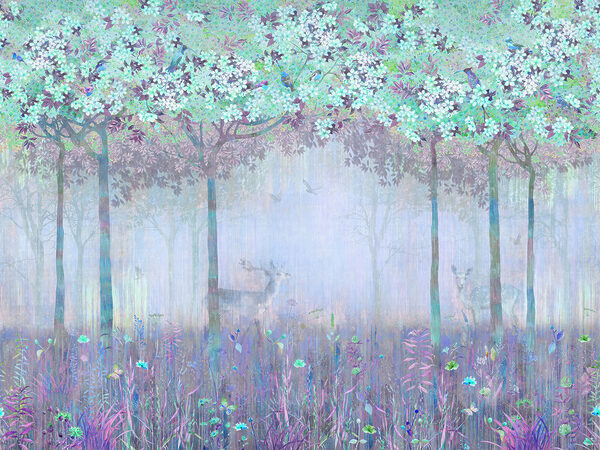 Un cuadro de un bosque con árboles y flores Un cuadro de un bosque con árboles y flores