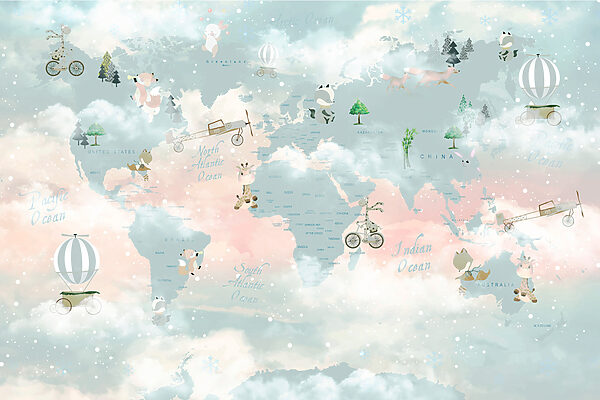 Un mapa del mundo con nubes y animales Un mapa del mundo con nubes y animales