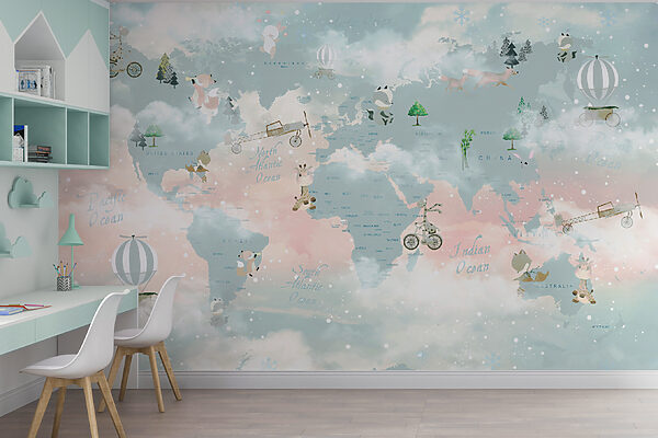 Un mapa del mundo con nubes y animales Un mapa del mundo con nubes y animales