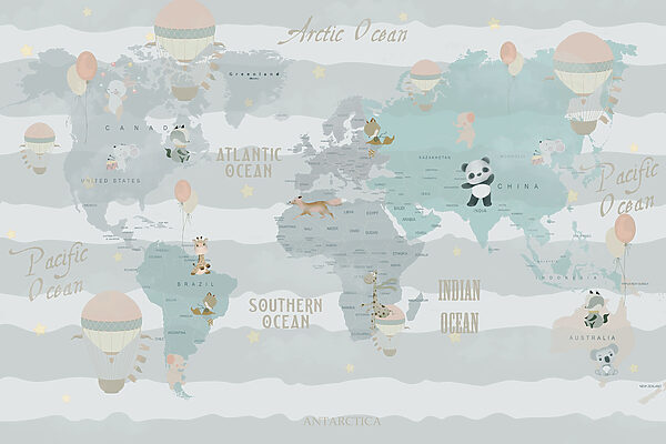 Un mapa del mundo con animales y globos Un mapa del mundo con animales y globos