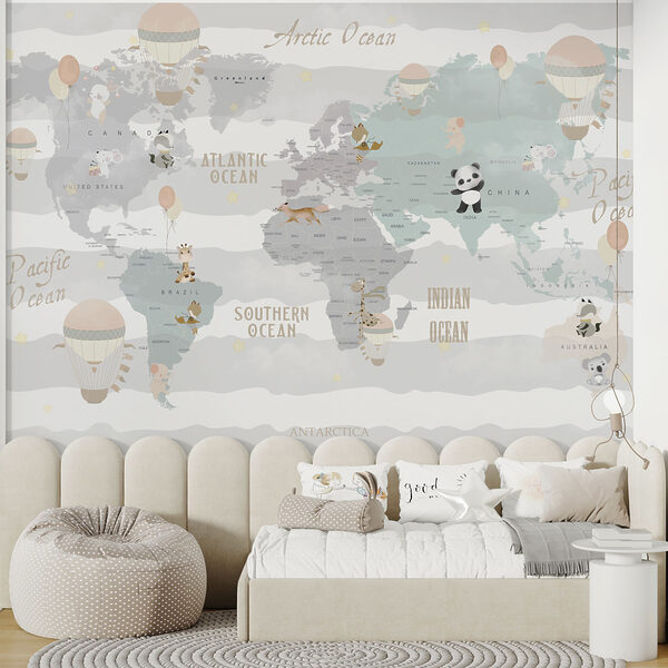Un mapa del mundo con animales y globos Un mapa del mundo con animales y globos