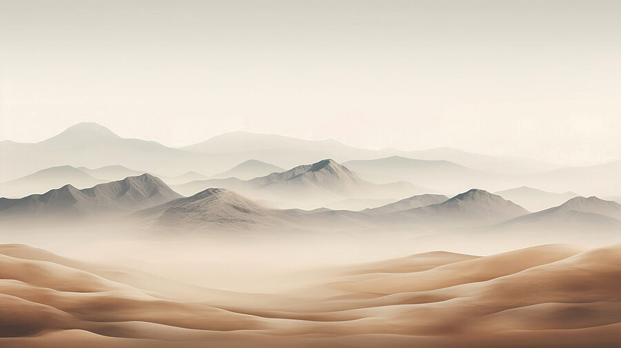 Fotomurales Un paisaje desértico con colinas y niebla - Imagen 4