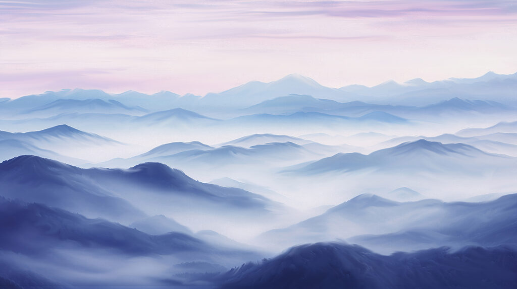Un paisaje de montañas con niebla Un paisaje de montañas con niebla