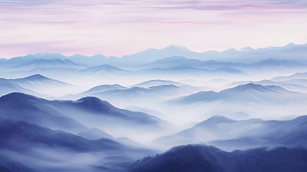 Un paisaje de montañas con niebla Un paisaje de montañas con niebla