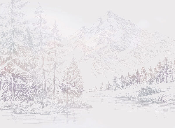 A river with trees and mountains in the background
