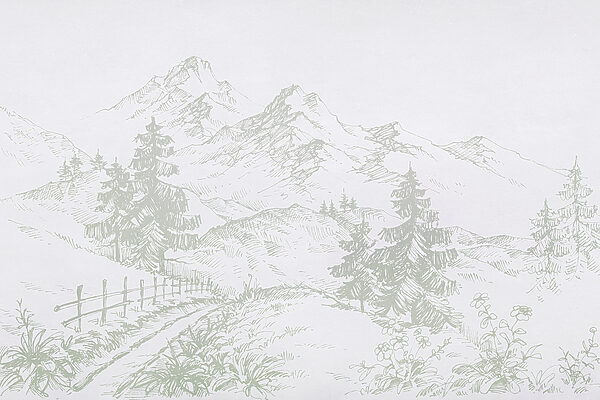A drawing of a road and trees