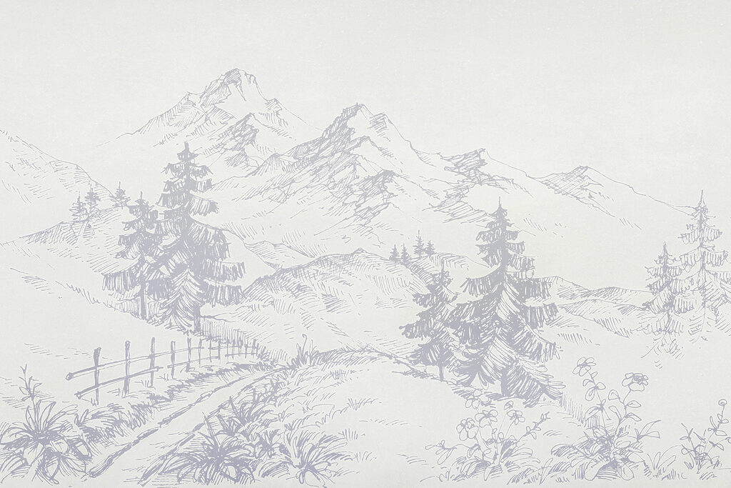 A drawing of a road and mountains