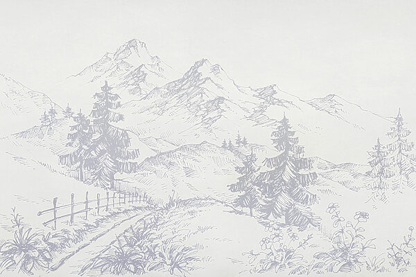 A drawing of a road and mountains