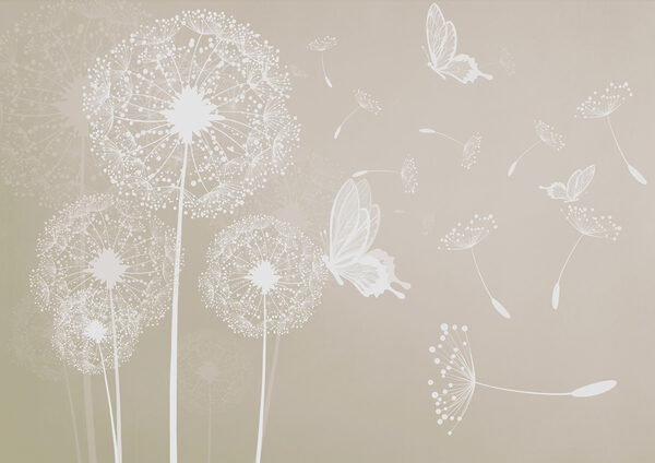 Un diente de león blanco con mariposas volando Un diente de león blanco con mariposas volando