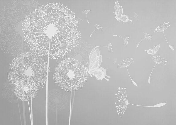 Un diente de león blanco y mariposas Un diente de león blanco y mariposas