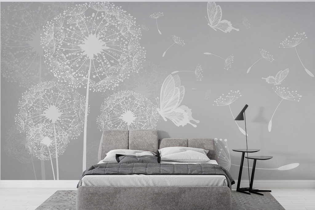 A white dandelions and butterflies