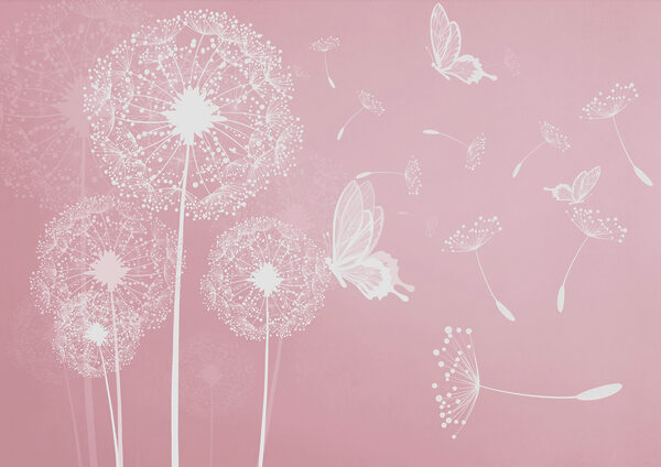 Fondo rosa con dientes de león blancos y mariposas Fondo rosa con dientes de león blancos y mariposas