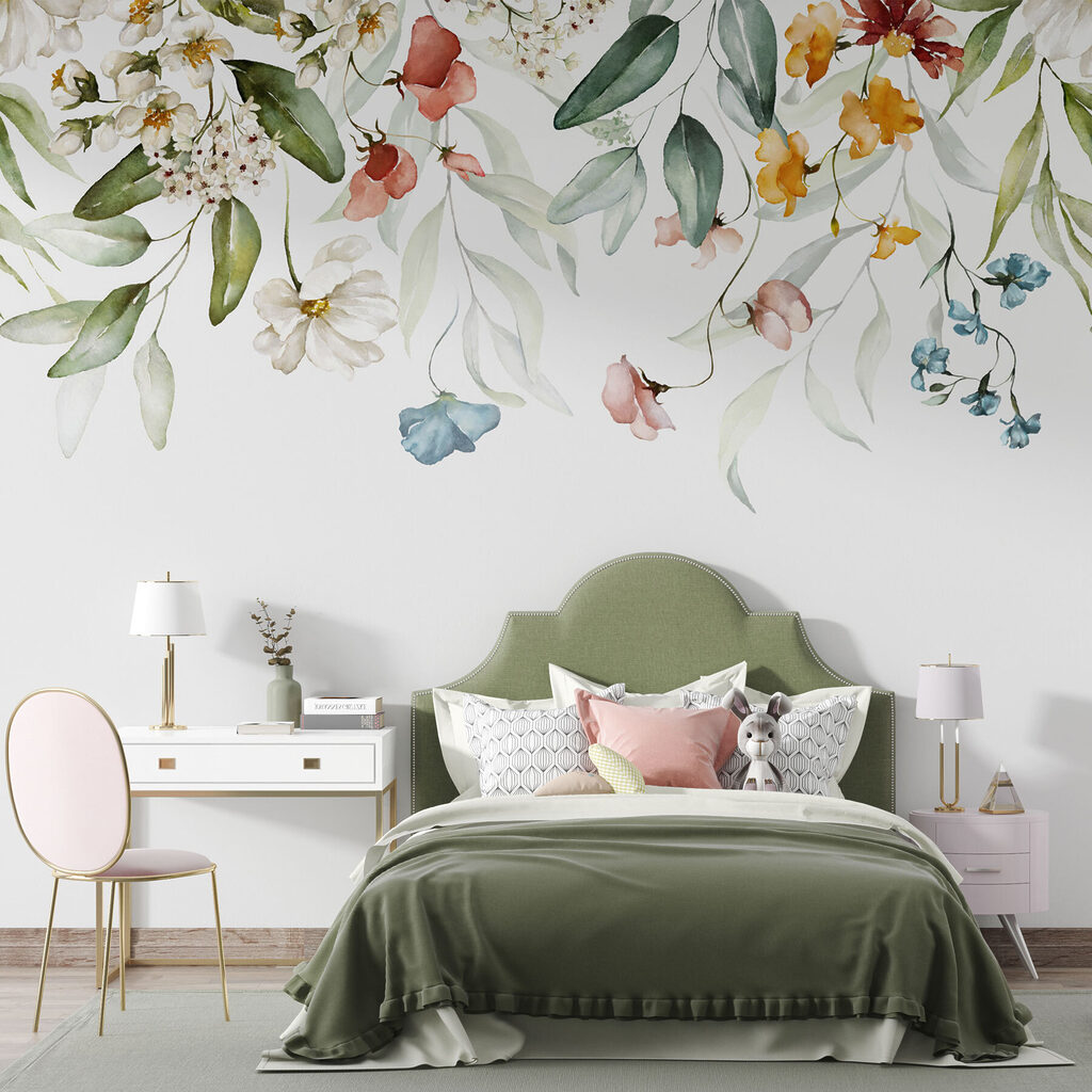 A watercolor painting of flowers and leaves