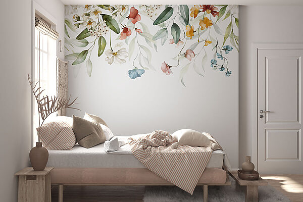 A watercolor painting of flowers and leaves