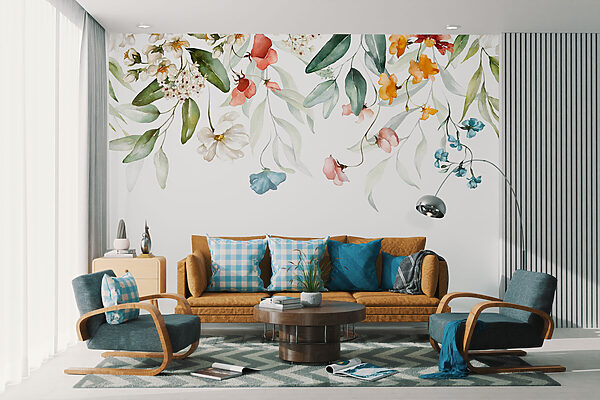 A watercolor painting of flowers and leaves