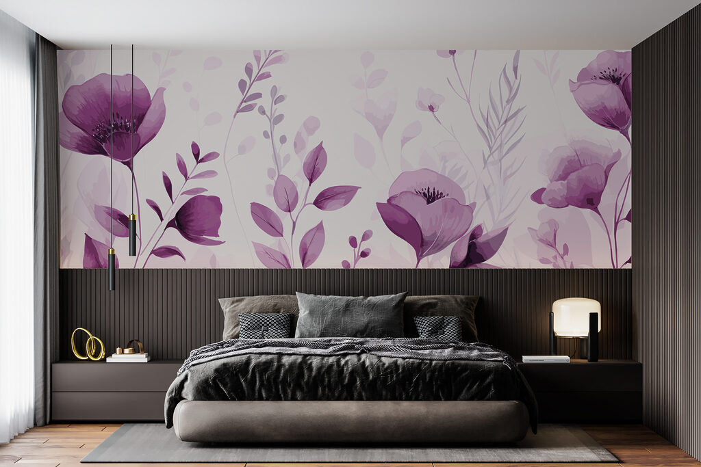 Purple flowers and leaves on a white background