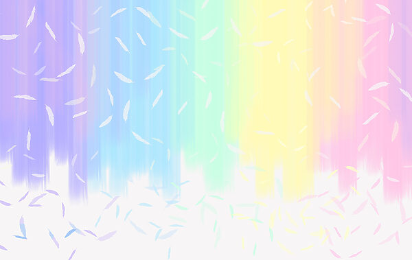 Un fondo con los colores del arco iris y plumas blancas que caen Un fondo con los colores del arco iris y plumas blancas que caen