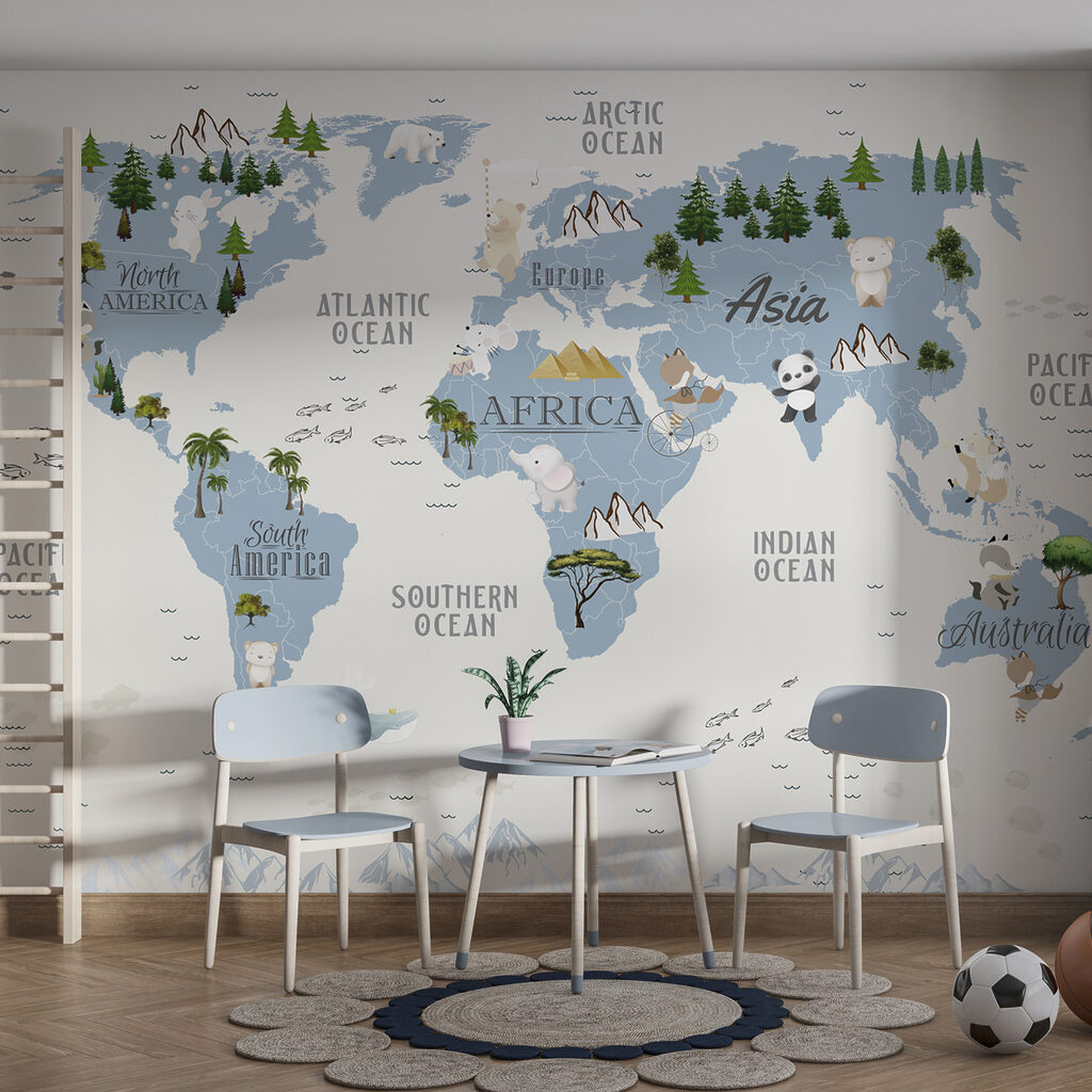 A map of the world with animals and birds A map of the world with animals and birds