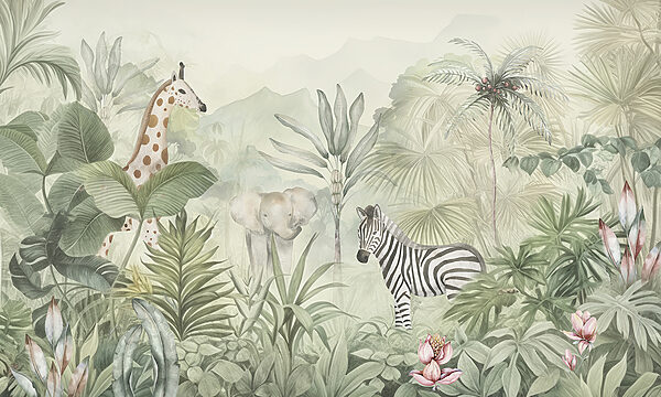 Un papel pintado con animales en la selva Un papel pintado con animales en la selva