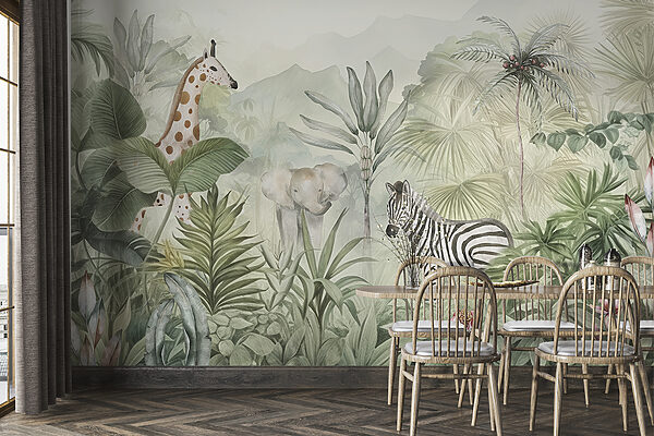 Un papel pintado con animales en la selva Un papel pintado con animales en la selva