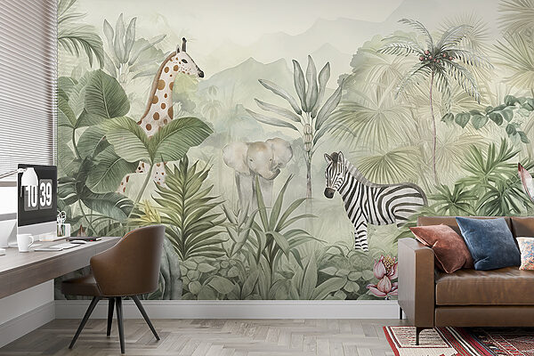 Un papel pintado con animales en la selva Un papel pintado con animales en la selva