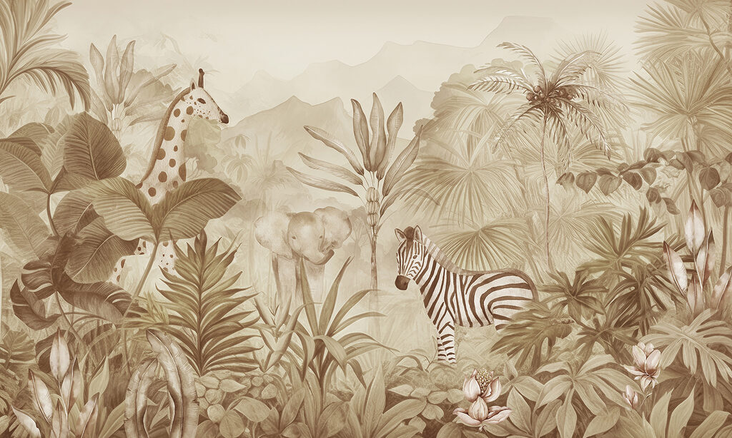 Un papel pintado con cebras y elefantes en la jungla Un papel pintado con cebras y elefantes en la jungla