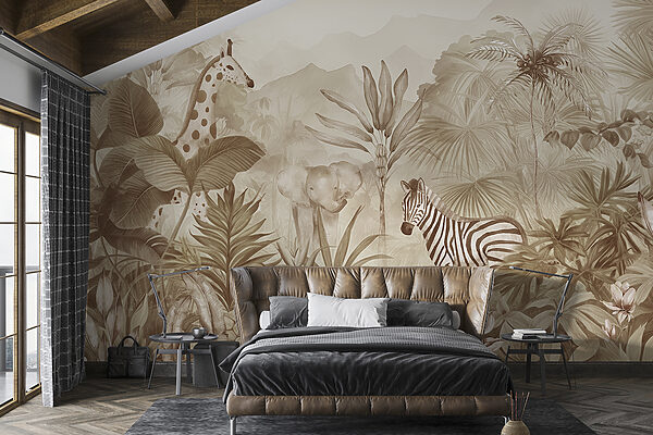 Un papel pintado con cebras y elefantes en la jungla Un papel pintado con cebras y elefantes en la jungla