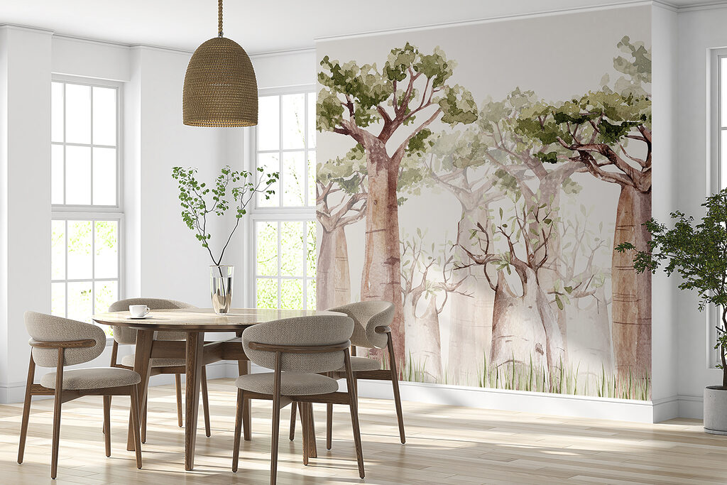 A group of trees with green leaves