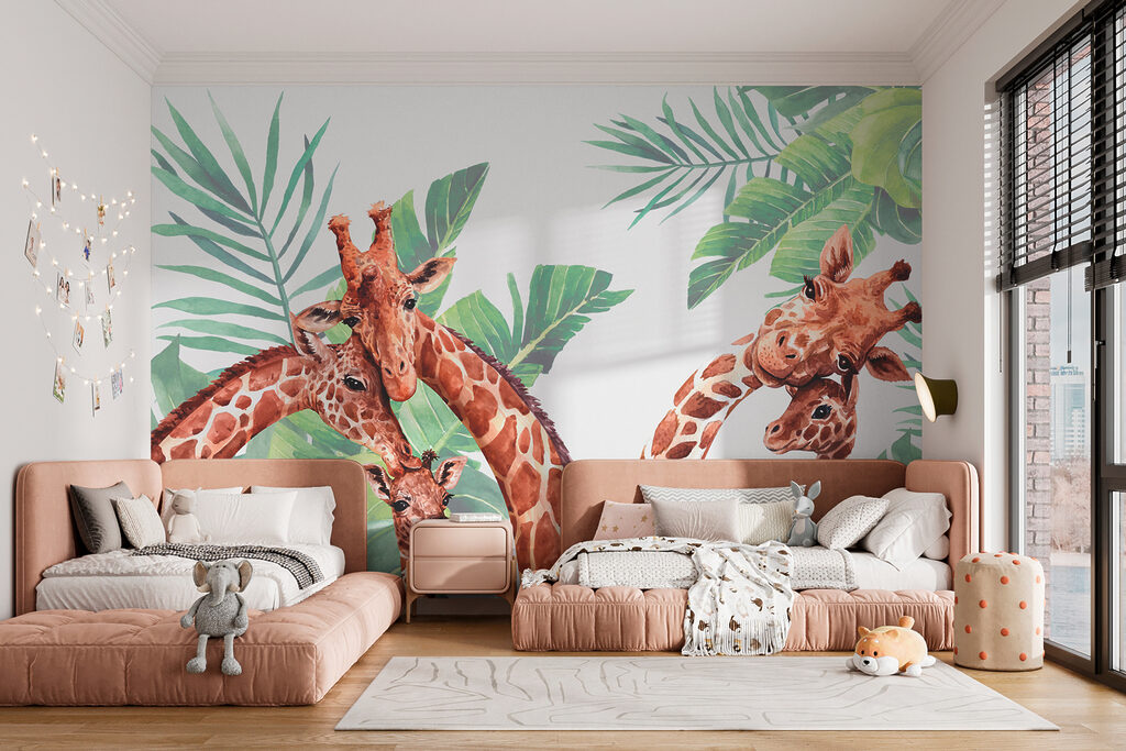 A group of giraffes with their heads in front of leaves A group of giraffes with their heads in front of leaves