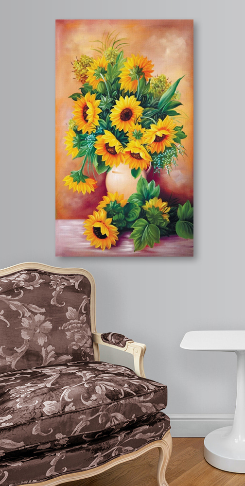 A painting of sunflowers in a vase