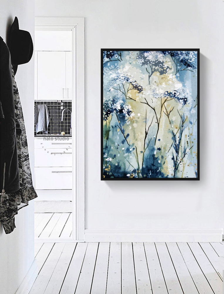 A painting of a white and blue plant