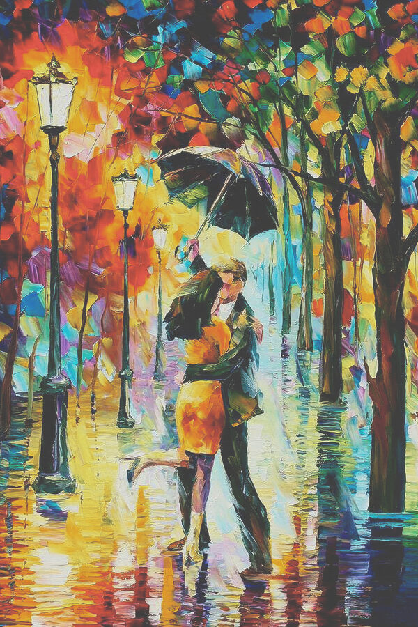 A painting of a couple kissing under an umbrella