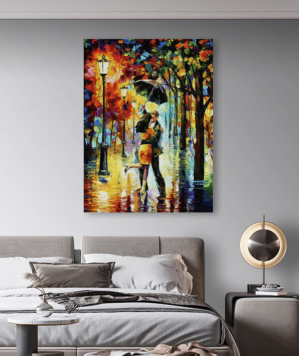 A painting of a couple kissing under an umbrella
