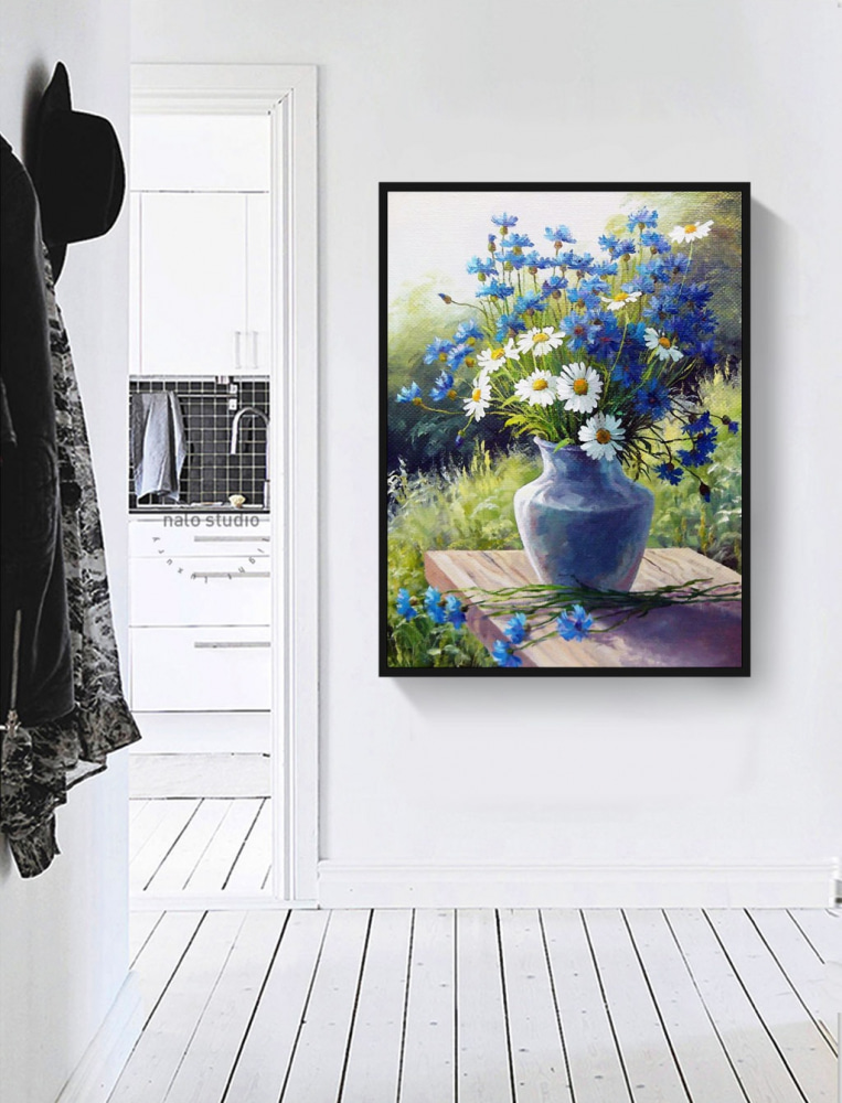 A painting of a vase of flowers