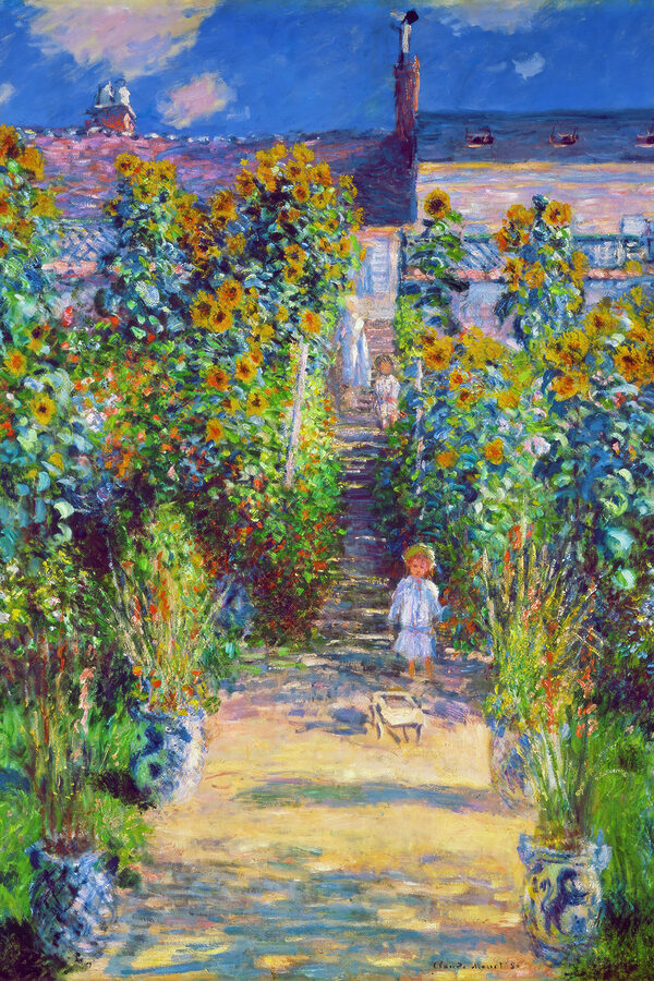 A painting of a child walking in a garden A painting of a child walking in a garden