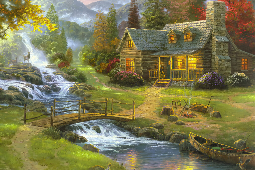 A painting of a log cabin with a bridge over a river A painting of a log cabin with a bridge over a river
