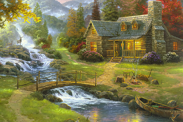 A painting of a log cabin with a bridge over a river A painting of a log cabin with a bridge over a river