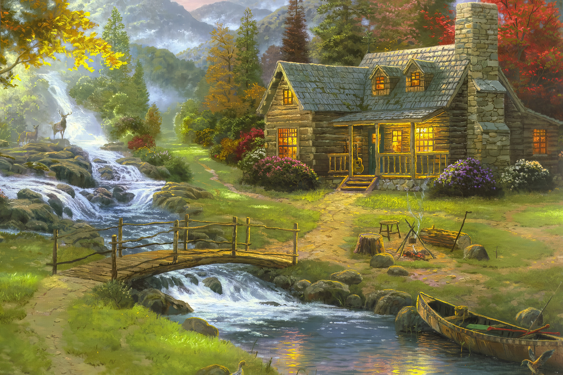 A painting of a log cabin with a bridge over a river A painting of a log cabin with a bridge over a river